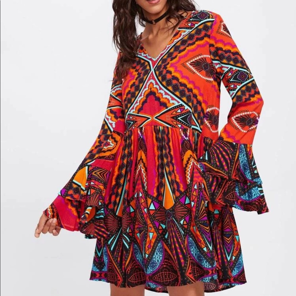 Boho Geometric Tribal Tiered Bell Cuff Dress